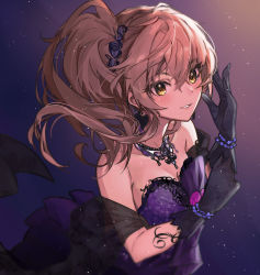 Rule 34 | 1girl, absurdres, bad id, bad pixiv id, black gloves, breasts, brown eyes, cleavage, dress, gloves, highres, idolmaster, idolmaster cinderella girls, idolmaster cinderella girls starlight stage, jewelry, jougasaki mika, large breasts, lips, looking at viewer, medium hair, necklace, parted lips, pink hair, purple dress, shino sto, short ponytail, smile, solo