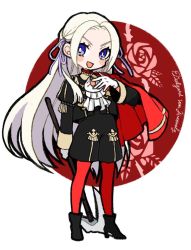 Rule 34 | 1girl, axe, blonde hair, blue eyes, cape, chibi, ascot, edelgard von hresvelg, fire emblem, fire emblem: three houses, gloves, hair ornament, illustorte905, long hair, looking at viewer, nintendo, pantyhose, red cape, simple background, smile, solo, uniform, weapon