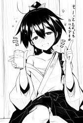 Rule 34 | 10s, 1girl, ^^^, ai takurou, anchor symbol, blush, bow, cup, drinking glass, drunk, glass, greyscale, hair bow, high ponytail, houshou (kancolle), index finger raised, japanese clothes, kantai collection, kimono, lass, long sleeves, looking at viewer, monochrome, nose blush, off shoulder, open mouth, ponytail, sarashi, sitting, solo, tagging in progress, water, wide sleeves