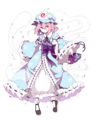 Rule 34 | 1girl, absurdres, arm garter, bing zizi, black footwear, blue ribbon, folding fan, full body, hair between eyes, hand fan, hat, highres, hitodama, japanese clothes, kimono, long sleeves, mob cap, outstretched arms, pink eyes, pink hair, ribbon, saigyouji yuyuko, shoes, simple background, smile, socks, solo, touhou, triangular headpiece, white background, white socks, wide sleeves