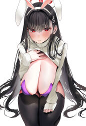 Rule 34 | 1girl, absurdres, animal ears, black hair, blue archive, blunt bangs, blush, breasts, clothes lift, fake animal ears, hair ornament, hairclip, halo, highres, huge breasts, leotard, long hair, long sleeves, looking at viewer, nidaime (doronbo), rabbit ears, red eyes, rio (blue archive), solo, strapless, strapless leotard, sweater, sweater lift, thighhighs, turtleneck, turtleneck sweater, very long hair, white sweater