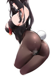 Rule 34 | 1girl, absurdres, armpits, arms up, ass, atago (azur lane), azur lane, between breasts, black hair, black leotard, black pantyhose, blush, breasts, chickenvomit, covered erect nipples, covered navel, cropped legs, detached collar, highres, large breasts, leotard, long hair, necktie, necktie between breasts, open mouth, pantyhose, playboy bunny, rabbit girl, rabbit tail, red necktie, sideboob, sidelocks, simple background, smile, solo, steam, tail, twisted torso, very long hair, white background