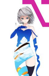 Rule 34 | 1girl, bare shoulders, bird, blue eyes, blue sky, breasts, closed mouth, cloud, cloudy sky, commentary request, flock, grey hair, highres, large breasts, looking at viewer, off shoulder, original, saryuu (iriomote), short hair, signature, simple background, sky, smile, solo, standing, sun, sunset, surreal, thighhighs, white background