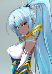 Rule 34 | 1girl, artist name, bare shoulders, blue eyes, blue hair, breasts, chest jewel, circlet, closed mouth, dark-skinned female, dark skin, detached sleeves, dress, elbow gloves, forehead jewel, gloves, glowing, grey background, highres, large breasts, long hair, looking at viewer, makibane (mkbane), perun (xenoblade), ponytail, simple background, solo, upper body, very long hair, white dress, white gloves, xenoblade chronicles (series), xenoblade chronicles 2
