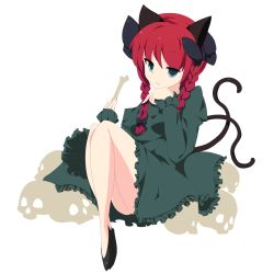 Rule 34 | 1girl, :3, animal ears, bare legs, black bow, bone, bow, braid, breasts, cat, cat ears, cat tail, dress, frilled dress, frills, full body, green dress, green eyes, hair bow, juliet sleeves, kaenbyou rin, long hair, long sleeves, looking at viewer, multiple tails, puffy long sleeves, puffy sleeves, red hair, sakaki (utigi), shoes, simple background, sitting, skull, small breasts, solo, tail, touhou, twin braids