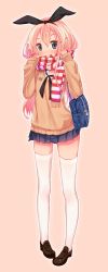Rule 34 | 10s, 1girl, alternate costume, bag, blonde hair, blush, enpera, green eyes, hairband, hato haru, highres, kantai collection, loafers, long hair, looking at viewer, personification, rensouhou-chan, scarf, school bag, school uniform, shimakaze (kancolle), shoes, skirt, solo, striped clothes, striped skirt, sweater, thighhighs, white thighhighs, zettai ryouiki