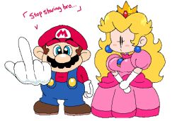 Rule 34 | 1boy, 1girl, annoyed, blue eyes, breasts, crown, dress, earrings, facial hair, full body, gloves, hat, highres, image sample, jewelry, looking at viewer, mario, mario (series), mayo (funnyhoohooman), medium breasts, middle finger, mustache, nintendo, overalls, pink dress, princess peach, standing, super mario rpg, twitter sample