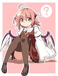 1girl ? animal_ears bird_wings dress female_focus frilled_dress frilled_sleeves frills full_body juliet_sleeves long_sleeves looking_at_viewer moja_(moja4192) mystia_lorelei no_headwear panties pantyshot parted_lips pink_background pink_eyes pink_hair puffy_sleeves short_hair simple_background sitting solo spoken_question_mark thighhighs touhou two-tone_background underwear white_background white_panties wide_sleeves wings