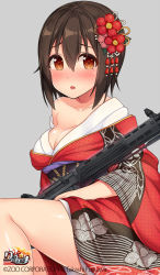 Rule 34 | 1girl, :o, assault rifle, bare shoulders, blush, bob cut, breasts, brown eyes, brown hair, cleavage, copyright name, cowboy shot, furisode, grey background, gun, hiiragi hazime, holding, holding gun, holding weapon, howa type 89, ichigaya ai, japanese clothes, kimono, looking at viewer, medium breasts, open clothes, open kimono, red kimono, rick g earth, rifle, short hair, simple background, solo, tearing up, watermark, weapon
