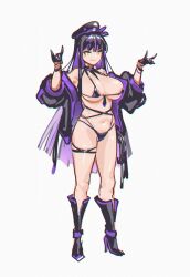 Rule 34 | 1girl, bare shoulders, bikini, black hair, black jacket, breasts, cleavage, closed mouth, hat, highres, jacket, large breasts, micro bikini, multicolored clothes, multicolored hair, multicolored jacket, original, purple hair, purple jacket, shoes, smile, solo, starcat, swimsuit, thigh strap, thighs, two-tone hair, two-tone jacket, white background, yellow eyes