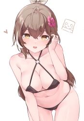 Rule 34 | 1girl, absurdres, bare shoulders, bikini, black bikini, breasts, brown eyes, cleavage, collarbone, flower, friend (nanashi mumei), hair between eyes, hair flower, hair ornament, highres, hololive, hololive english, large breasts, leaning forward, long hair, multicolored hair, namiorii, nanashi mumei, navel, simple background, solo, stomach, streaked hair, swimsuit, virtual youtuber, white background, white hair