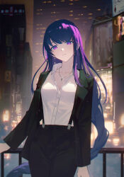Rule 34 | 1girl, absurdres, alternate costume, ayanon ite, black jacket, black pants, breasts, building, city, cleavage, closed mouth, collarbone, collared shirt, commentary request, cowboy shot, cross, cross necklace, earrings, expressionless, genshin impact, head tilt, highres, jacket, jewelry, long hair, long sleeves, looking at viewer, medium breasts, necklace, open clothes, open jacket, outdoors, pants, partially unbuttoned, purple eyes, purple hair, raiden shogun, railing, shirt, solo, suspenders, very long hair, white shirt