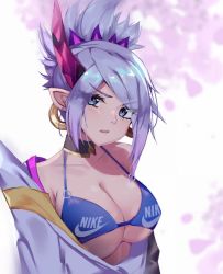 Rule 34 | 1girl, annoyed, blue bra, blue eyes, blue hair, bra, breasts, commentary, dayshiart, earrings, english commentary, jewelry, large breasts, league of legends, nike (company), pointy ears, riven (league of legends), solo, spirit blossom riven, underwear
