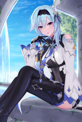 Rule 34 | 1girl, absurdres, arm support, black gloves, black hairband, blue cape, blue gloves, blue hair, blue necktie, blue sky, blush, boots, breasts, cape, chest harness, clothing cutout, covered navel, crossed legs, eula (genshin impact), feet out of frame, full body, genshin impact, gloves, hair between eyes, hairband, hand up, harness, heart, heart-shaped pupils, high-waist shorts, highres, kyun (tokkyun), long sleeves, looking at viewer, medium breasts, medium hair, multicolored eyes, necktie, open mouth, outdoors, parted lips, see-through cutout, shorts, shoulder cutout, sidelocks, sitting, sky, solo, symbol-shaped pupils, thigh boots, two-tone gloves, vision (genshin impact), water, waterfall, white sleeves, wide sleeves, yellow eyes