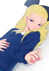 Rule 34 | 1girl, assam (girls und panzer), black ribbon, blonde hair, blue eyes, blue sweater, closed mouth, commentary, dress shirt, dutch angle, girls und panzer, grey background, hair pulled back, hair ribbon, half-closed eyes, hand on own stomach, long hair, long sleeves, looking at viewer, lying, mityubi, on back, ribbon, school uniform, shirt, smile, solo, st. gloriana&#039;s school uniform, sweater, v-neck, white shirt, wing collar
