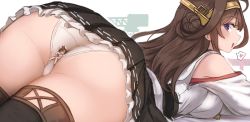 Rule 34 | 2girls, ass, bare shoulders, black legwear, black skirt, breasts, brown hair, character request, commentary, flying sweatdrops, giant, giantess, heart, kantai collection, kongou (kancolle), large breasts, long hair, multiple girls, panties, purple eyes, simple background, skirt, spoken heart, thighhighs, trefoil, underwear, utopia, white panties