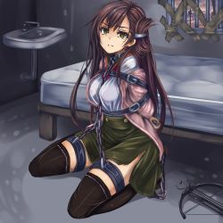 Rule 34 | 10s, 1girl, arms behind back, bdsm, black thighhighs, bondage, bound, bound arms, bow (weapon), breasts, brown hair, chain, chained, collar, crossbow, cuffs-to-collar, folded hair, frown, gakkou gurashi!, green skirt, jacket, kneeling, mole, mole under eye, monikano, off shoulder, on floor, prison cell, restrained, shirt, skirt, slave, solo, thighhighs, wakasa yuuri, weapon, yellow eyes