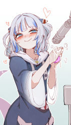 Rule 34 | 1girl, absurdres, at2., blonde hair, blue background, blue eyes, blue hair, blue hoodie, closed mouth, drawstring, fins, fish tail, gawr gura, gradient background, grey hair, hair ornament, hands up, heart, highres, hololive, hololive english, hood, hood down, hoodie, long hair, microphone, multicolored hair, shark tail, short sleeves, smile, soap, soap bubbles, solo, streaked hair, tail, tail raised, two side up, virtual youtuber, washing hands, white background, wide sleeves