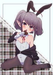 Rule 34 | 1girl, absurdres, ahoge, animal ears, black jacket, blush, candy, chocolate, chocolate heart, commentary request, detached collar, fake animal ears, flat chest, food, full body, gloves, grey hair, heart, highres, holding, holding food, jacket, leotard, makaino ririmu, medium hair, multicolored hair, neck ribbon, nijisanji, no shoes, off shoulder, open mouth, pantyhose, plaid, plaid background, playboy bunny, pointy ears, rabbit ears, red eyes, red hair, red ribbon, ribbon, sabamen, sitting, solo, strapless, strapless leotard, streaked hair, suit jacket, twintails, virtual youtuber, wariza, white gloves, white leotard, wrist cuffs
