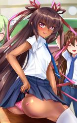 Rule 34 | 1boy, 2girls, aishuu hebiko, androgynous, artist request, ass, blush, breasts, brown hair, classroom, clothes lift, dark-skinned female, dark skin, green hair, heart, highres, huge ass, lifted by self, long hair, looking at viewer, looking to the side, mizuki yukikaze, multiple girls, naughty face, one-piece tan, panties, pink eyes, school uniform, shiny skin, side-tie panties, sitting, skirt, skirt lift, small breasts, solo, taimanin (series), taimanin rpgx, taimanin yukikaze, tan, tanline, thong, tongue, tongue out, trap, twintails, uehara shikanosuke, underwear, very long hair