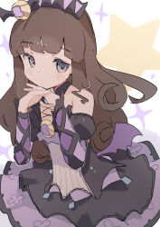 Rule 34 | 1girl, absurdres, bare shoulders, bat wings, black dress, black sleeves, blunt bangs, blush, blush stickers, brown hair, closed mouth, crescent, detached sleeves, dress, expressionless, frills, grey eyes, hair ornament, hairband, hands up, head wings, highres, idol, idol clothes, interlocked fingers, jaggy lines, kurosu aroma, long hair, long sleeves, looking at viewer, own hands together, pretty series, priority9, pripara, purple dress, solo, sparkle, star (symbol), upper body, very long hair, wavy hair, white background, wings