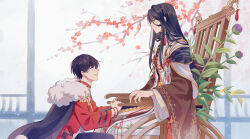 Rule 34 | 2boys, :|, black capelet, black eyes, black hair, blue eyes, blush, bracelet, branch, brown shawl, capelet, chinese clothes, chinese knot, closed mouth, coat, eye contact, feet out of frame, flower, flower knot, from side, fur-trimmed capelet, fur trim, hair between eyes, hairband, highres, jewelry, leaf, long bangs, long hair, long sleeves, looking at another, male focus, male master (the tale of food), mole, mole under eye, mole under mouth, multiple boys, multiple moles, official alternate costume, on one knee, open clothes, open coat, pink flower, plant, plum blossoms, profile, purple flower, red flower, red hairband, robe, shawl, short hair, shoulder pads, sitting, sleepy1292673668, smile, tassel, the tale of food, tusu elixir (the tale of food), wheelchair, white coat, white robe, wide sleeves, window, yellow flower