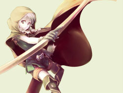 Rule 34 | 1girl, arrow (projectile), bad id, bad pixiv id, boots, bow (weapon), braid, cloak, co2, dragon&#039;s crown, elf, elf (dragon&#039;s crown), gloves, hood, pointy ears, shorts, solo, thigh boots, thighhighs, twin braids, weapon