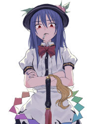 Rule 34 | 1girl, bare arms, black hat, blue hair, blue nails, cigarette, crossed arms, fkey, food, frown, fruit, hair between eyes, hat, hinanawi tenshi, long hair, looking at viewer, mouth hold, nail polish, peach, puffy short sleeves, puffy sleeves, red eyes, red neckwear, shirt, short sleeves, simple background, solo, sword of hisou, touhou, white shirt, wing collar