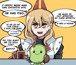 Rule 34 | 1girl, blonde hair, blush stickers, card, chainsaw man, coat, commentary, cosplay, cross-shaped pupils, english commentary, english text, highres, holding, holding card, holding shield, holding sword, holding weapon, horns, jerry beans man, kaiba seto, kaiba seto (cosplay), kermittend, long hair, open mouth, power (chainsaw man), red horns, sharp teeth, shield, simple background, sleeveless, sleeveless coat, smile, solo, speech bubble, sweat, sword, symbol-shaped pupils, teeth, weapon, white coat, yellow background, yu-gi-oh!