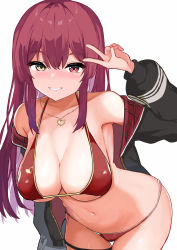 Rule 34 | 1girl, arrow through heart, bent over, bikini, black jacket, blush, breasts, cleavage, cowboy shot, earrings, hand up, heart, heart earrings, heart necklace, heterochromia, highres, hololive, houshou marine, houshou marine (summer), jacket, jewelry, large breasts, long hair, navel, necklace, off shoulder, official alternate costume, oritonagi, red eyes, red hair, simple background, smile, solo, straight hair, swimsuit, teeth, thigh gap, thigh strap, v, virtual youtuber, white background, yellow eyes