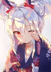 Rule 34 | 1girl, animal ears, arm up, azur lane, blush, bow, brown background, collarbone, commentary request, daitai sotogawa (futomomo), double bun, fingernails, floral print, hair between eyes, hair bow, hair bun, hand up, head tilt, highres, japanese clothes, kimono, laffey (azur lane), laffey (snow rabbit and candy apple) (azur lane), long hair, long sleeves, looking at viewer, obi, one eye closed, print kimono, purple kimono, rabbit ears, red bow, red eyes, sash, sidelocks, silver hair, simple background, sleeves past wrists, solo, tears, wide sleeves, wiping tears