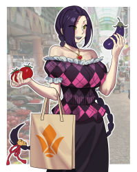 Rule 34 | 1girl, argyle, bag, bare shoulders, bell, black skirt, braid, breasts, chikujouin magane, eggplant, eyes visible through hair, food, hair bell, hair ornament, highres, housewife, jewelry, mature female, necklace, nia (nia4294), open mouth, photo background, purple hair, re:creators, sharp teeth, shopping, shopping bag, sidelocks, single braid, skirt, smile, teeth, tomato, vegetable, yellow eyes