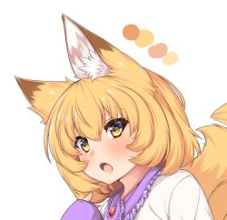 Rule 34 | 1girl, animal ear fluff, animal ears, blonde hair, brooch, collar, commentary request, fox ears, fox tail, frilled collar, frills, jewelry, looking at viewer, no headwear, no headwear, open mouth, short hair, sleeves past wrists, solo, tail, tongue, touhou, upper body, white background, wildcat (kusonemi), yakumo ran, yellow eyes
