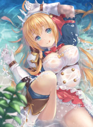 Rule 34 | 1girl, ahoge, blonde hair, blue eyes, blush, boots, breasts, cleavage, dress, gloves, highres, large breasts, long hair, panties, pantyshot, pecorine (princess connect!), princess connect!, ribbon, see-through, short sleeves, solo, split mouth, tiara, tongue, underwear, wet, wet clothes, yuririn poi