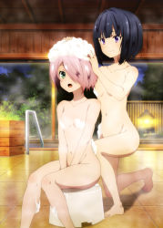 Rule 34 | 2girls, absurdres, artist request, barefoot, bathing, between legs, black hair, blush, breasts, busou shoujo machiavellism, convenient censoring, feet, green eyes, hair over one eye, hand between legs, hand on another&#039;s head, highres, kneeling, mozunono nono, multiple girls, navel, nude, nyantype, official art, on one knee, onigawara rin, onsen, open mouth, pink hair, purple eyes, scan, short hair, sitting, small breasts, smile, soap bubbles, soap censor, toes
