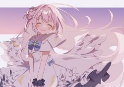 Rule 34 | 1girl, angel wings, black scrunchie, blue archive, blush, capelet, closed eyes, dress, facing viewer, feathered wings, flower, frilled dress, frills, hair bun, hair flower, hair ornament, happy tears, highres, long hair, mika (blue archive), mochimoti0528, open mouth, pink hair, purple flower, scrunchie, single side bun, smile, solo, tears, white capelet, white dress, white wings, wings, wrist scrunchie
