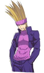 Rule 34 | 1boy, blonde hair, capcom, highres, justice gakuen, looking at viewer, male focus, murata tefu, simple background, smile, solo, spiked hair, white background, yamada eiji