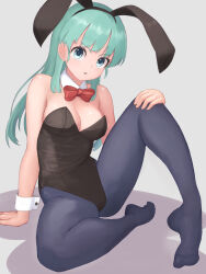 Rule 34 | 1girl, aqua hair, arm support, ass, bare shoulders, barefoot, black leotard, breasts, bulma, cleavage, curvy, detached collar, dragon ball, dragon ball (classic), full body, highleg, highleg leotard, hiyoshipow, large breasts, leotard, looking at viewer, lying, open mouth, pantyhose, playboy bunny, sitting, solo, strapless, strapless leotard, wide hips