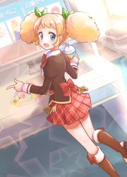 Rule 34 | 10s, 1girl, aikatsu!, aikatsu! (series), black footwear, blonde hair, blue eyes, blush, boots, bow, brown footwear, cup, drink, drinking straw, dutch angle, from behind, hair bow, knee boots, long hair, looking at viewer, looking back, monitor, open mouth, plaid, plaid skirt, quro (black river), red bow, saegusa kii, skirt, smile, solo, twintails