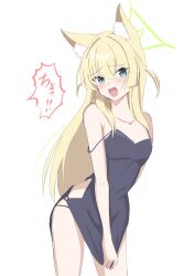 Rule 34 | 1girl, absurdres, alternate costume, animal ear fluff, animal ears, bare shoulders, black dress, blonde hair, blue archive, blue eyes, blush, breasts, cleavage, collarbone, cowboy shot, dot nose, dress, fang, fox ears, fox girl, furrowed brow, hair between eyes, halo, highres, hip vent, kamitosayu, kurumi (blue archive), legs apart, long hair, looking at viewer, modesty cover, open mouth, sidelocks, simple background, sleeveless, sleeveless dress, small breasts, solo, square mouth, strap slip, thighs, white background