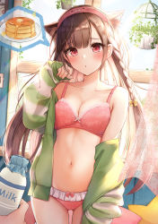 Rule 34 | 1girl, :o, absurdres, animal ear fluff, animal ears, bottle, bow, bra, braid, breasts, brown hair, butter, cardigan, cat ears, cat girl, cleavage, cowboy shot, curtains, day, food, gluteal fold, green cardigan, hair bow, hairband, hand up, hanging plant, highres, holding, hood, hoodie, indoors, lace, lace-trimmed bra, lace trim, long hair, long sleeves, medium breasts, milk, milk bottle, navel, off shoulder, open cardigan, open clothes, original, out of frame, pancake, pancake stack, panties, pink bra, pink panties, plant, potted plant, pout, print hairband, red eyes, side braid, single braid, sleeves past wrists, solo focus, spoken food, striped, syrup, underwear, window, yellow bow, yukiunag1