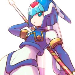 1girl absurdres bare_shoulders blue_eyes blue_panties blunt_bangs commentary contrapposto crop_top elbow_gloves fairy_leviathan_(mega_man) gloves green_eyes hand_up helmet highleg highleg_panties highres holding holding_weapon mega_man_(series) mega_man_zero_(series) panties parted_lips reiesu_(reis) robot_girl signature simple_background solo standing underwear weapon white_background wide_hips