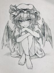 Rule 34 | 1girl, absurdres, ankle strap, barefoot, bat wings, blush, commentary request, greyscale, hat, hat ribbon, highres, hugging own legs, looking at viewer, medium hair, mob cap, monochrome, open mouth, remilia scarlet, ribbon, short sleeves, sitting, smile, solo, touhou, wings, yonoisan