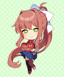 Rule 34 | 1girl, ahoge, black thighhighs, blazer, blue skirt, bow, bright pupils, brown hair, buttons, chibi, closed mouth, collared shirt, commentary, doki doki literature club, english commentary, eyelashes, full body, green background, green eyes, grey jacket, hair bow, hair intakes, heart, heart background, holding, holding heart, jacket, layered sleeves, light blush, long hair, long sleeves, looking at viewer, mary janes, miniskirt, monika (doki doki literature club), neck ribbon, open clothes, open jacket, outline, pink footwear, pleated skirt, ponytail, red ribbon, ribbon, satchely, school uniform, shirt, shoes, simple background, skirt, smile, solo, thighhighs, valentine, very long hair, white bow, white outline, white pupils, white shirt