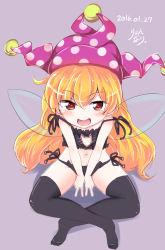 Rule 34 | 1girl, 2016, artist name, black bra, black panties, blonde hair, blush, bra, cat cutout, cat lingerie, cleavage cutout, clothing cutout, clownpiece, crossed legs, dated, double v, fairy wings, hat, heart, heart-shaped pupils, highres, jester cap, looking at viewer, meme attire, navel, open mouth, panties, polka dot, red eyes, ryannari, side-tie panties, simple background, sitting, solo, symbol-shaped pupils, thighhighs, touhou, underwear, v, wings