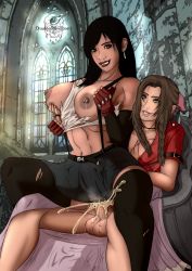 Rule 34 | 2girls, aerith gainsborough, breasts, clothed sex, cum, cum in pussy, final fantasy, futa with female, futanari, highres, large breasts, multiple girls, nipples, qualon, reverse upright straddle, sex, sex from behind, tagme, testicles, tifa lockhart, torn clothes