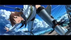 Rule 34 | 1girl, aircraft carrier, animal ears, bad id, bad pixiv id, brown eyes, brown hair, cloud, day, dog ears, flying, gun, kirii, letterboxed, long sleeves, looking at viewer, military, military vehicle, miyafuji yoshika, open mouth, outstretched arms, propeller, school swimsuit, school uniform, serafuku, ship, short hair, sky, smoke, solo, strike witches, striker unit, sweatdrop, swimsuit, swimsuit under clothes, warship, watercraft, weapon, weapon request, world witches series