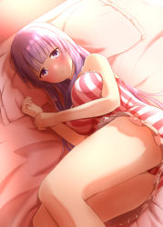 Rule 34 | 1girl, bare shoulders, bed, blunt bangs, blush, breasts, commentary request, feet out of frame, from above, large breasts, legs, long hair, looking at viewer, lying, no headwear, on side, panties, panty peek, patchouli knowledge, pillow, purple eyes, purple hair, raised eyebrows, ram hachimin, shadow, sleeveless, solo, striped clothes, striped panties, thighs, touhou, underwear, very long hair
