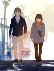 Rule 34 | 1boy, 1girl, brown eyes, brown hair, camera, coat, couple, facing viewer, highres, holding, holding jewelry, holding necklace, holding phone, id card, jewelry, looking at viewer, loundraw, necklace, original, painttool sai, phone, scarf, short hair, signature, walking