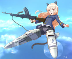 Rule 34 | 00s, 1girl, animal ears, blonde hair, blush, bren lmg, cloud, day, face, flying, glasses, gun, light machine gun, long hair, machine gun, panties, panties under pantyhose, pantyhose, perrine h. clostermann, rifle, sky, solo, squad automatic weapon, strike witches, striker unit, tail, toshi punk, underwear, weapon, world witches series, yellow eyes